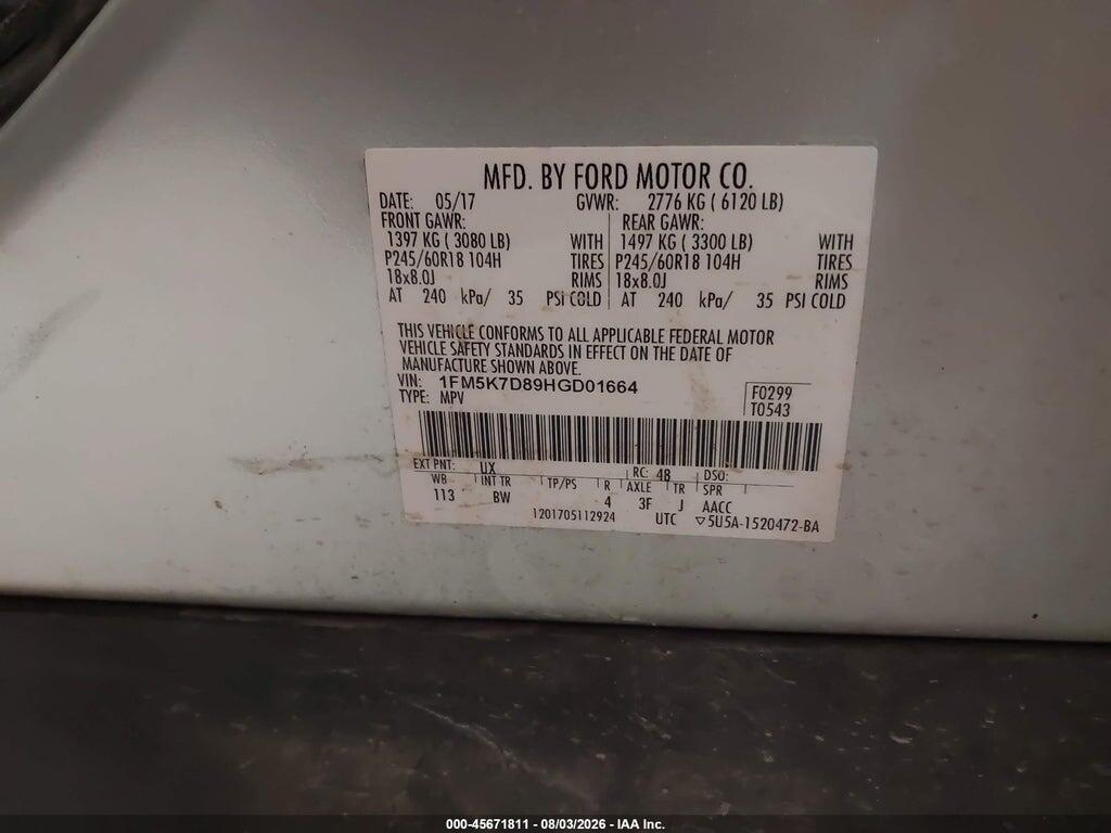 1FM5K7D89HGD01664 2017 FORD EXPLORER photo no. 9