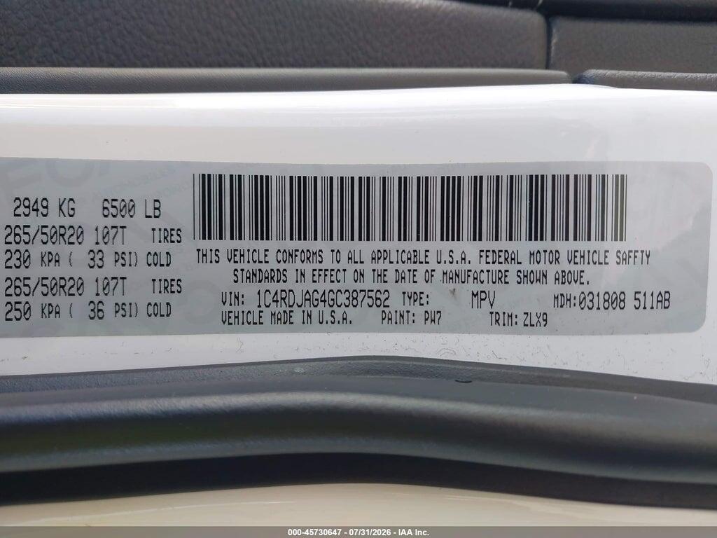1C4RDJAG4GC387562 2016 DODGE DURANGO photo no. 9