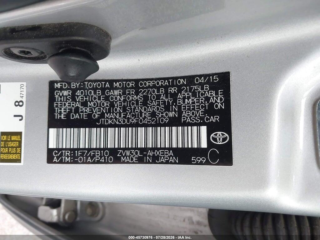 JTDKN3DU9F0452109 2015 TOYOTA PRIUS photo no. 9