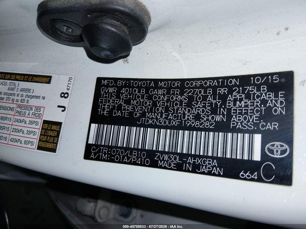 JTDKN3DUXF1998282 2015 TOYOTA PRIUS photo no. 9
