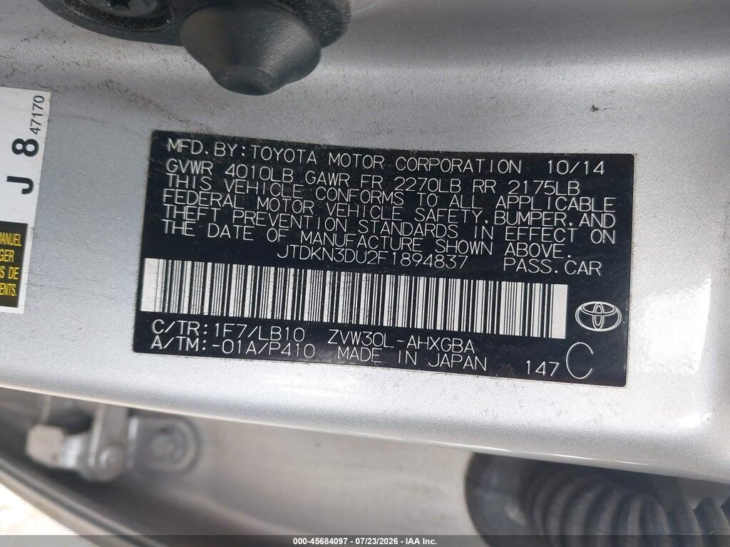 JTDKN3DU2F1894837 2015 TOYOTA PRIUS photo no. 9