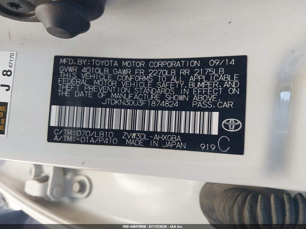 JTDKN3DU3F1874824 2015 TOYOTA PRIUS photo no. 9