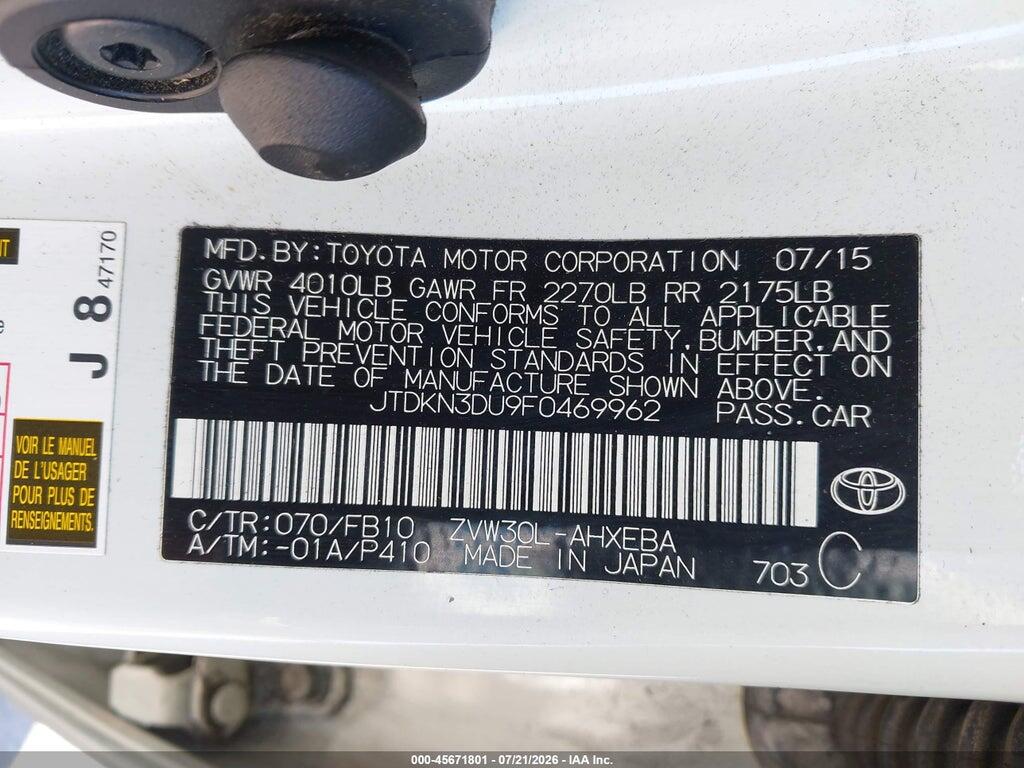 JTDKN3DU9F0469962 2015 TOYOTA PRIUS photo no. 9