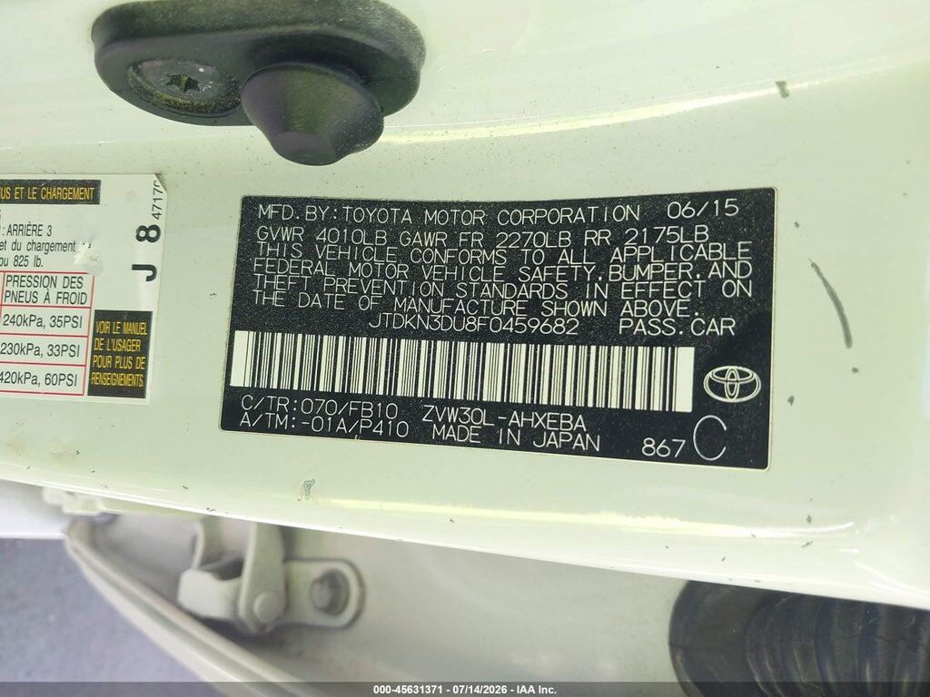 JTDKN3DU8F0459682 2015 TOYOTA PRIUS photo no. 9