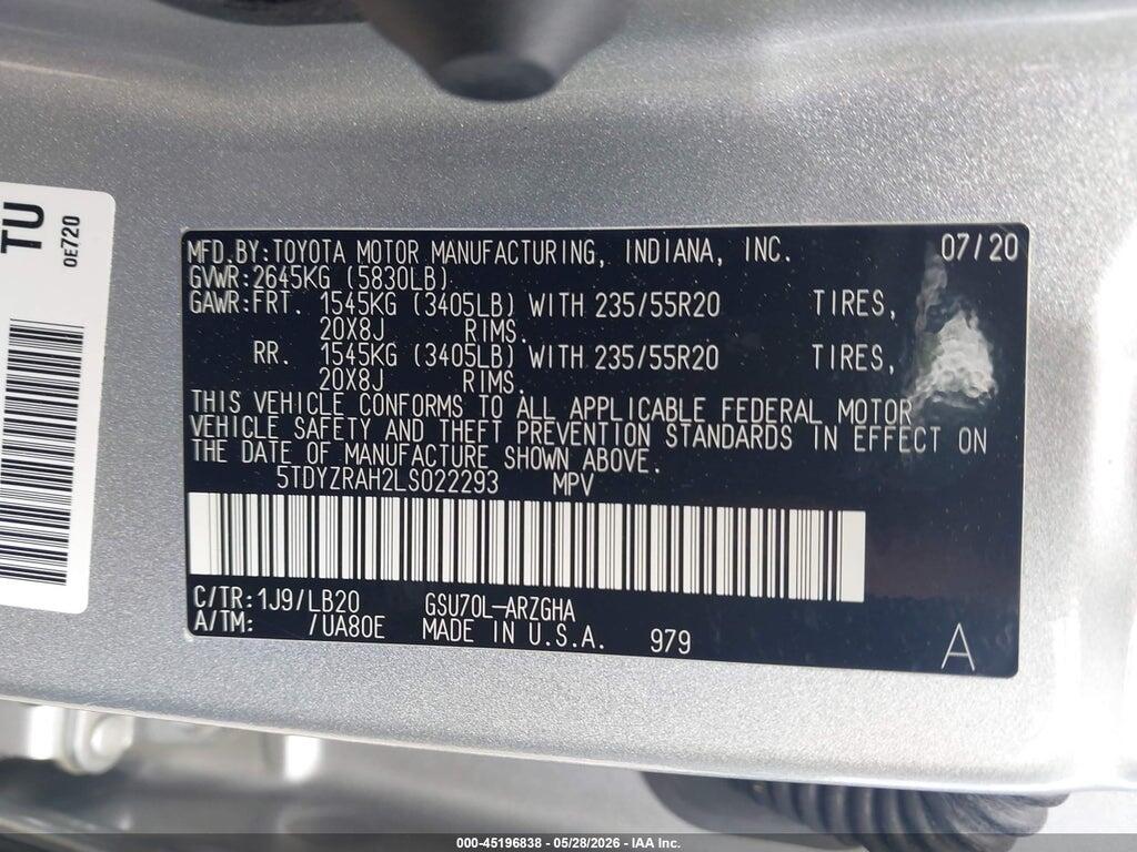 5TDYZRAH2LS022293 2020 TOYOTA HIGHLANDER photo no. 9