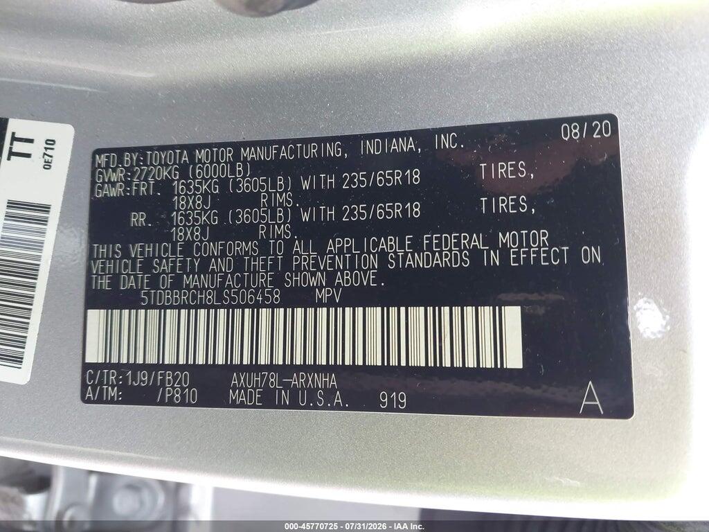 5TDBBRCH8LS506458 2020 TOYOTA HIGHLANDER photo no. 9