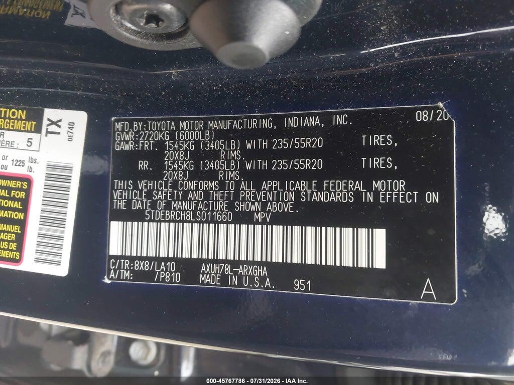 5TDEBRCH8LS011660 2020 TOYOTA HIGHLANDER photo no. 9