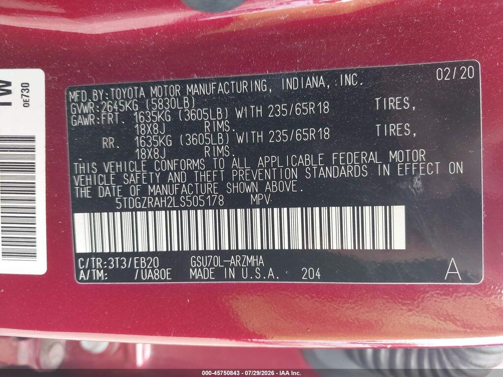 5TDGZRAH2LS505178 2020 TOYOTA HIGHLANDER photo no. 9