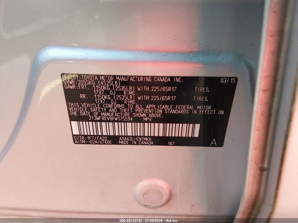2T3WFREV9FW175594 2015 TOYOTA RAV4 photo no. 9