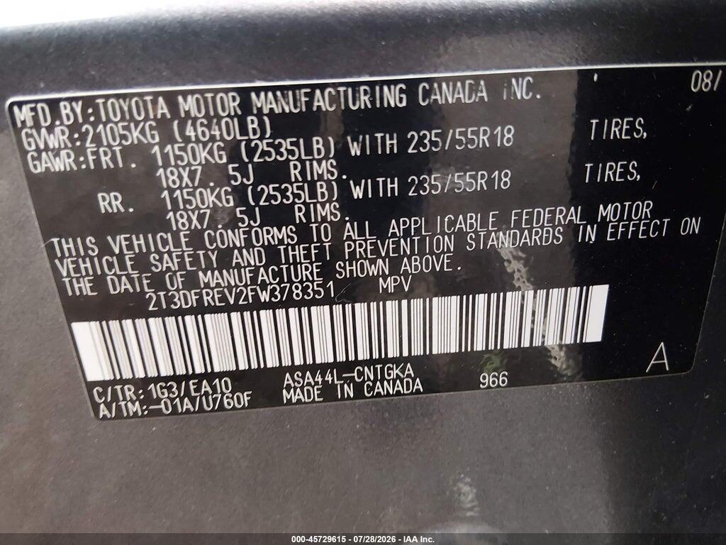 2T3DFREV2FW378351 2015 TOYOTA RAV4 photo no. 9