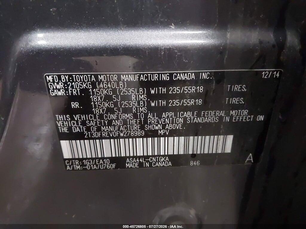 2T3DFREV0FW278989 2015 TOYOTA RAV4 photo no. 9