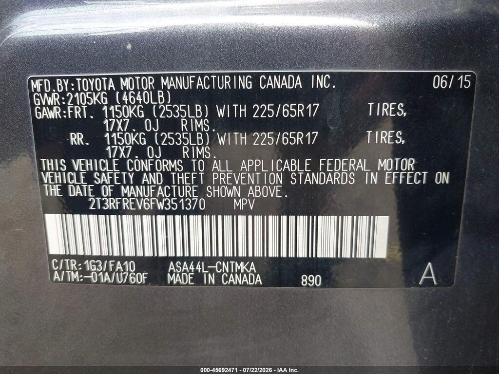 2T3RFREV6FW351370 2015 TOYOTA RAV4 photo no. 9