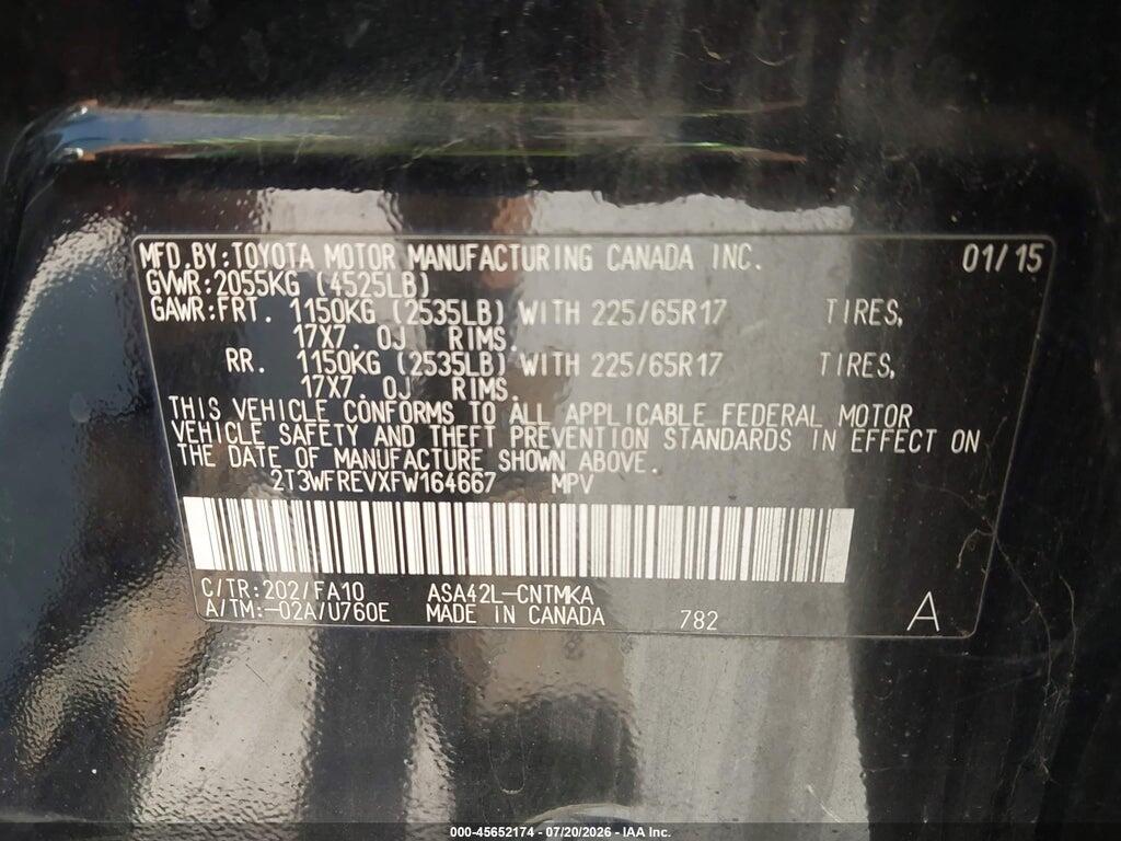 2T3WFREVXFW164667 2015 TOYOTA RAV4 photo no. 9