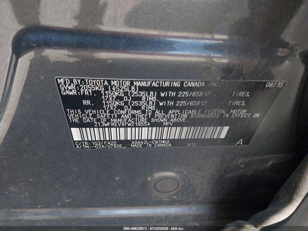2T3WFREVXFW219554 2015 TOYOTA RAV4 photo no. 9