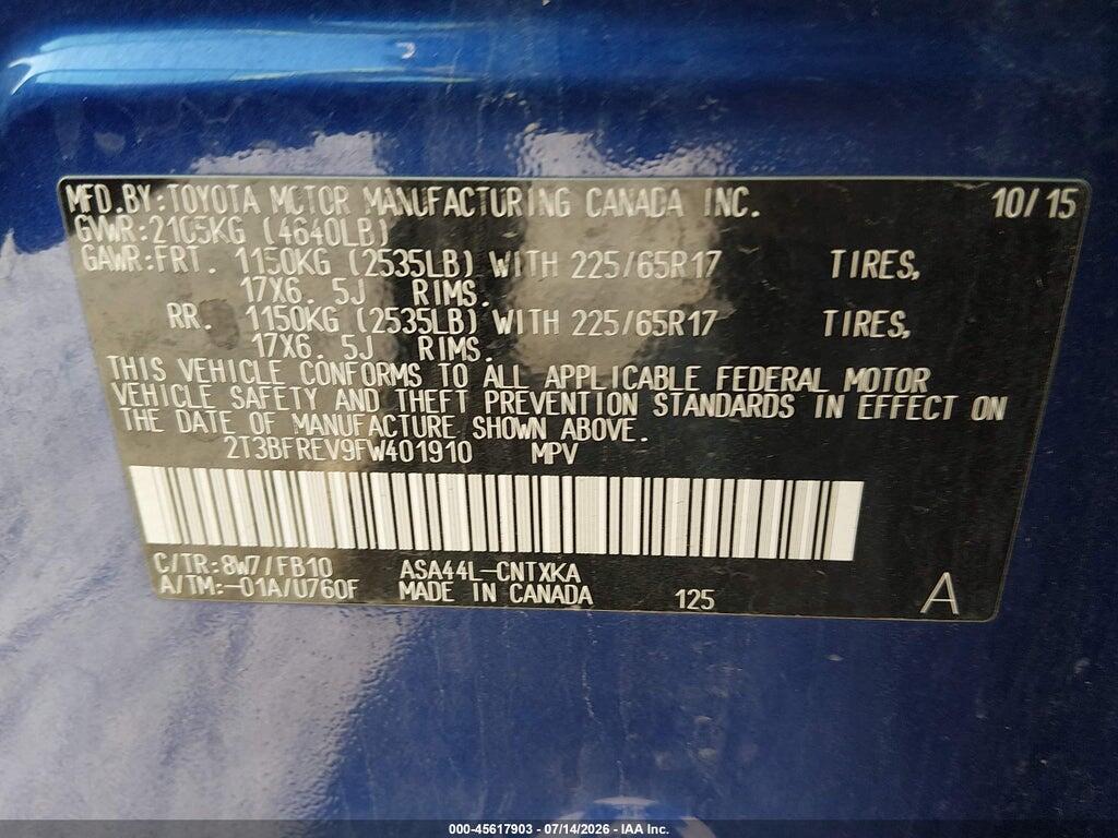 2T3BFREV9FW401910 2015 TOYOTA RAV4 photo no. 9