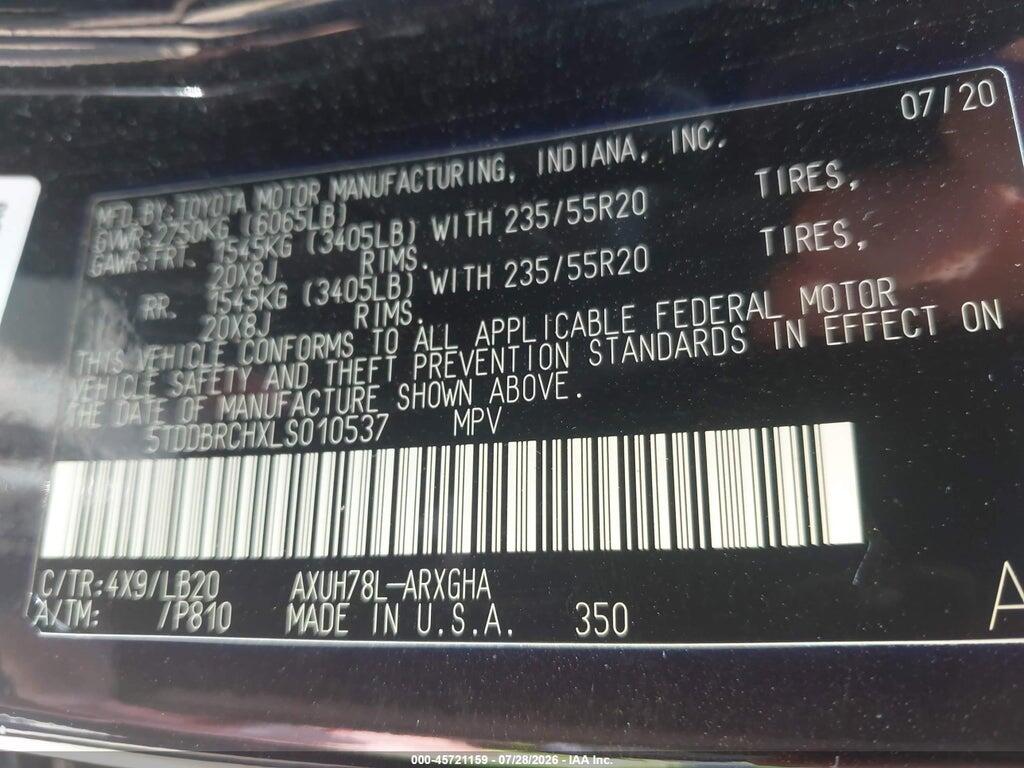 5TDDBRCHXLS010537 2020 TOYOTA HIGHLANDER photo no. 9