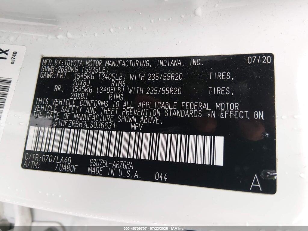 5TDFZRBH3LS036631 2020 TOYOTA HIGHLANDER photo no. 9