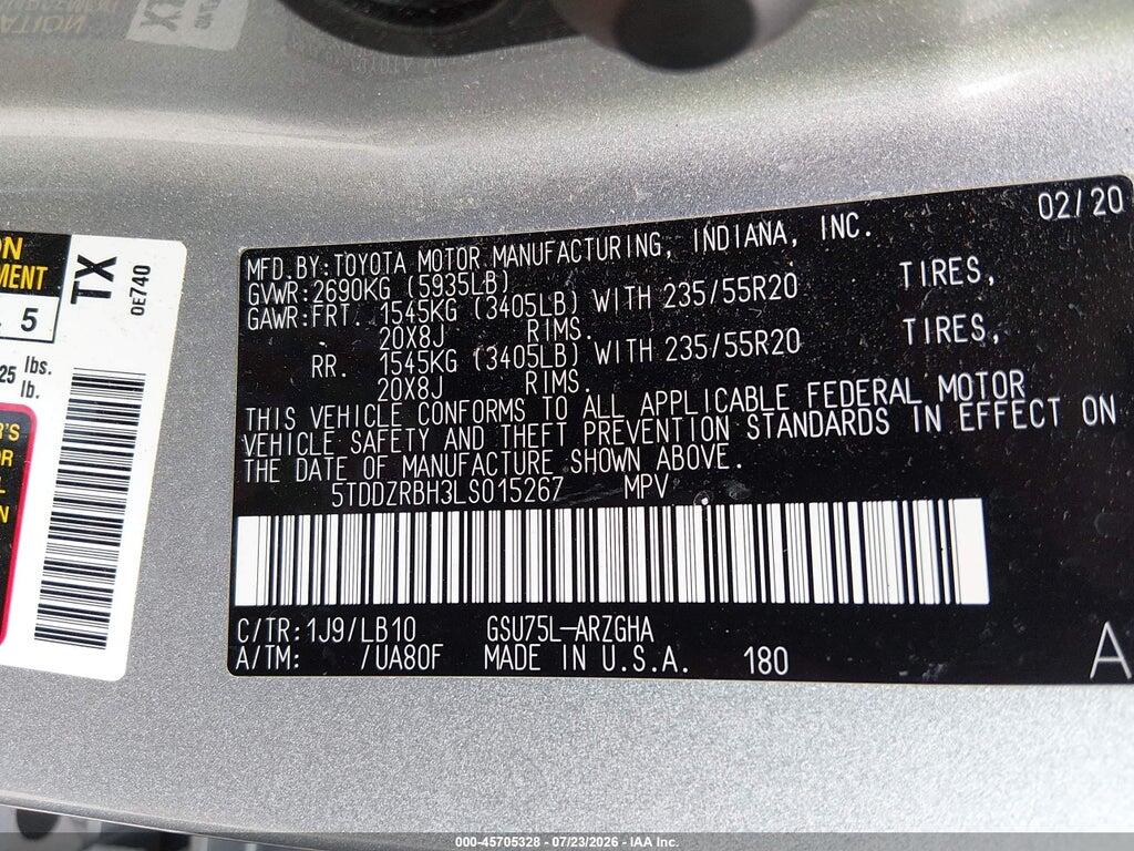 5TDDZRBH3LS015267 2020 TOYOTA HIGHLANDER photo no. 9