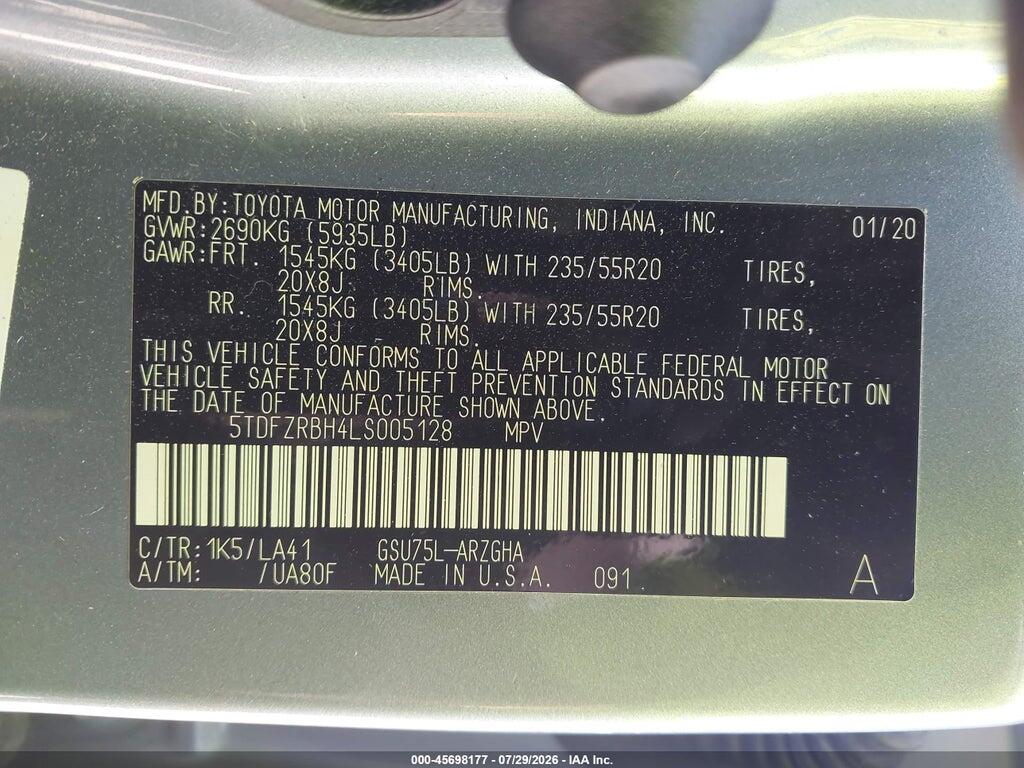 5TDFZRBH4LS005128 2020 TOYOTA HIGHLANDER photo no. 9