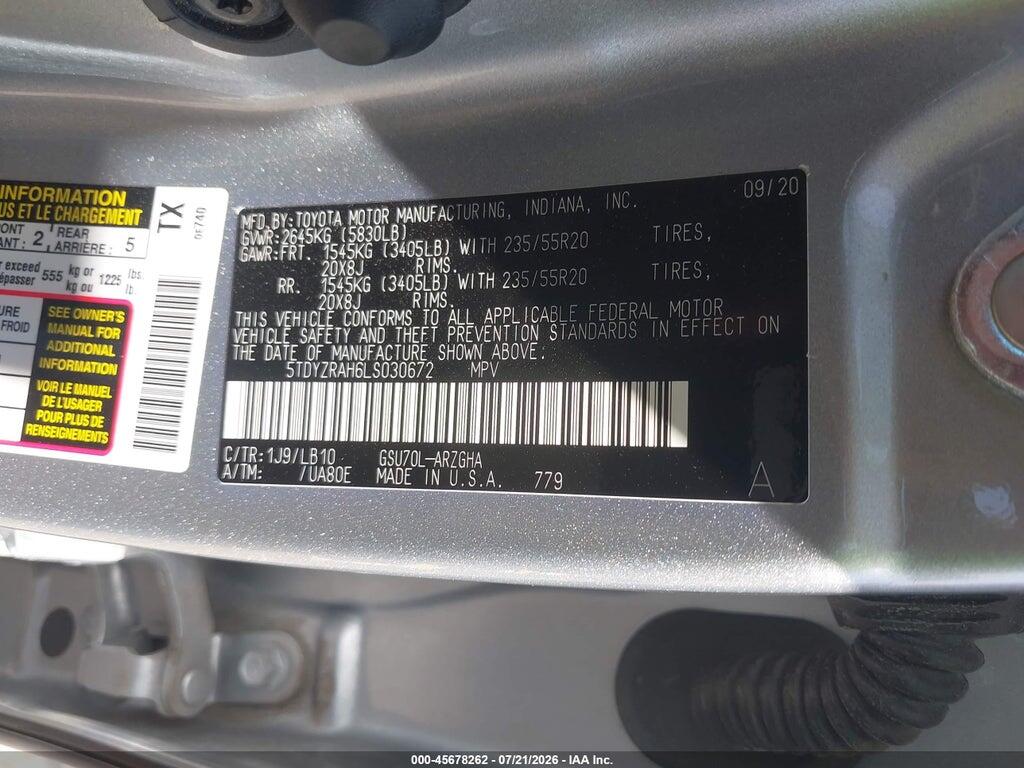 5TDYZRAH6LS030672 2020 TOYOTA HIGHLANDER photo no. 9