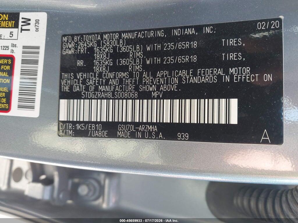 5TDGZRAH8LS008068 2020 TOYOTA HIGHLANDER photo no. 9