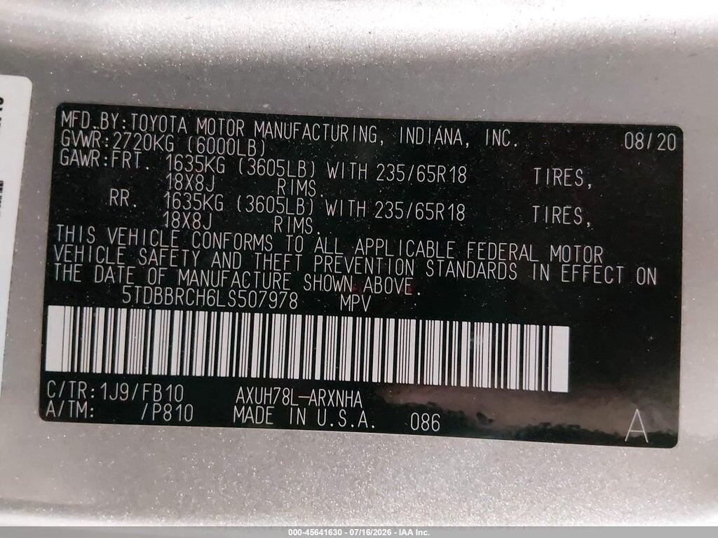 5TDBBRCH6LS507978 2020 TOYOTA HIGHLANDER photo no. 9