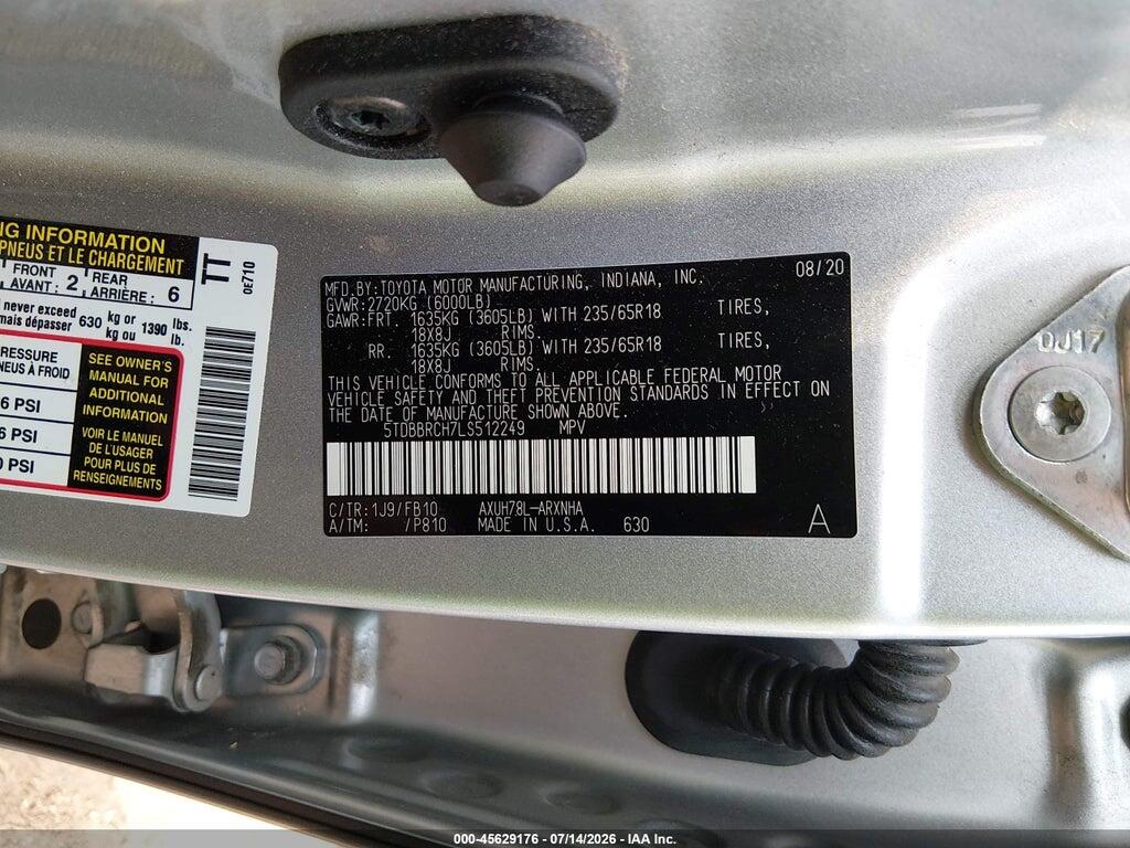 5TDBBRCH7LS512249 2020 TOYOTA HIGHLANDER photo no. 9