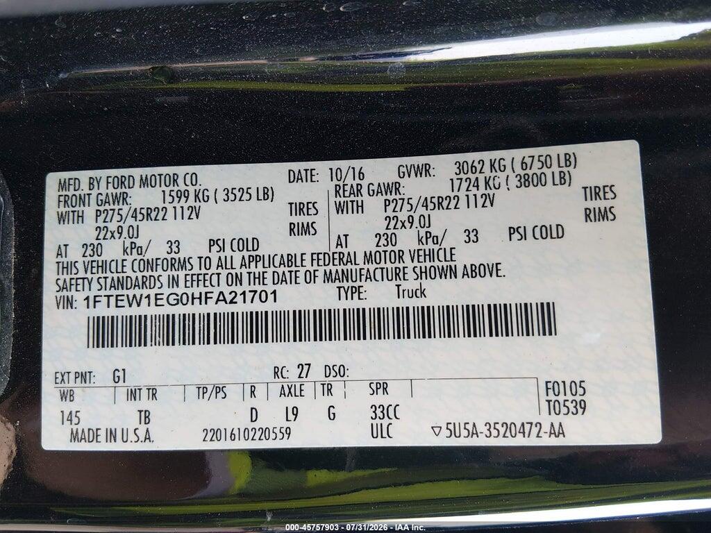 1FTEW1EG0HFA21701 2017 FORD F-150 photo no. 9