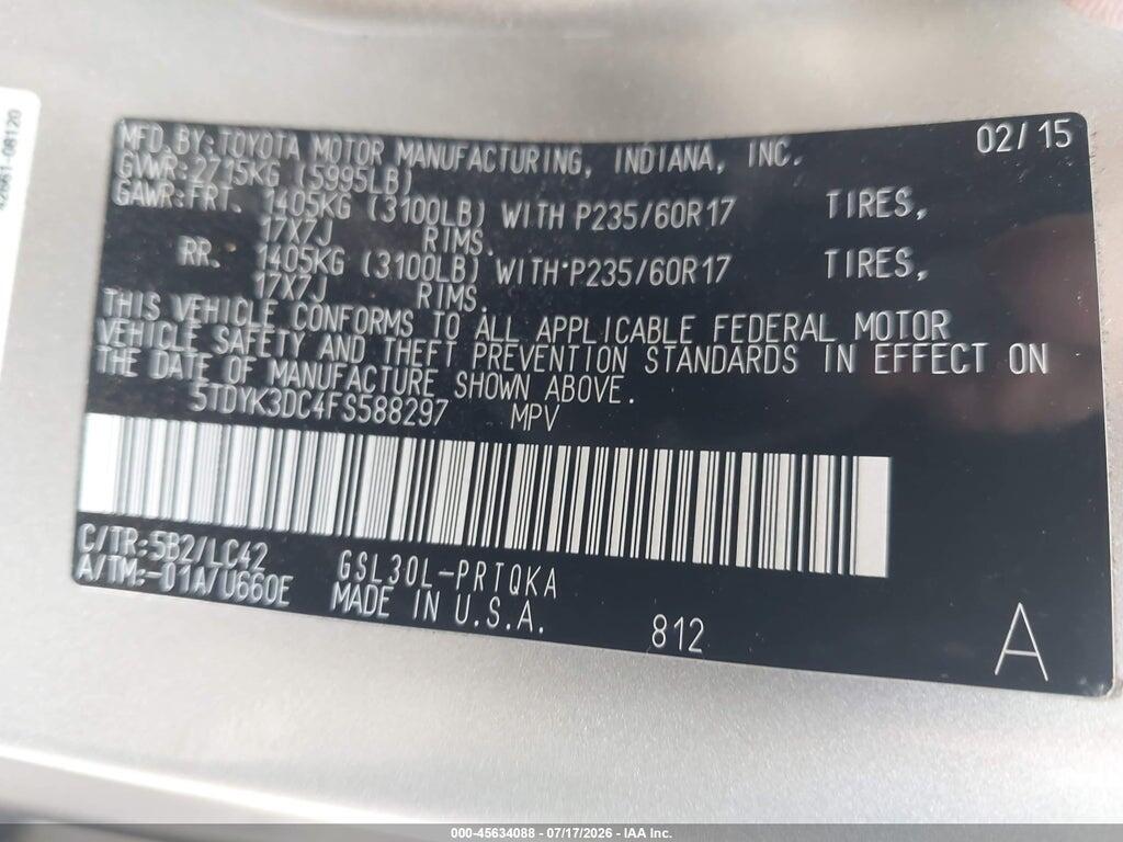 5TDYK3DC4FS588297 2015 TOYOTA SIENNA photo no. 9