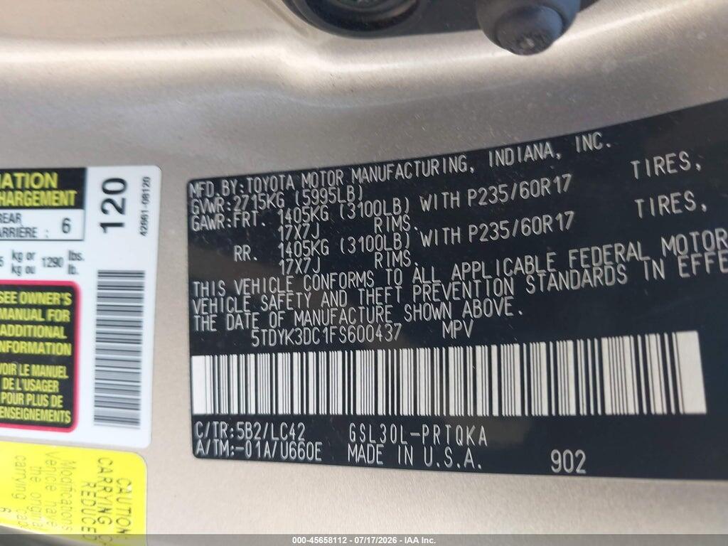 5TDYK3DC1FS600437 2015 TOYOTA SIENNA photo no. 9