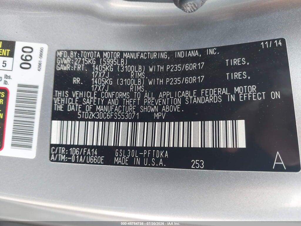 5TDZK3DC6FS553071 2015 TOYOTA SIENNA photo no. 9