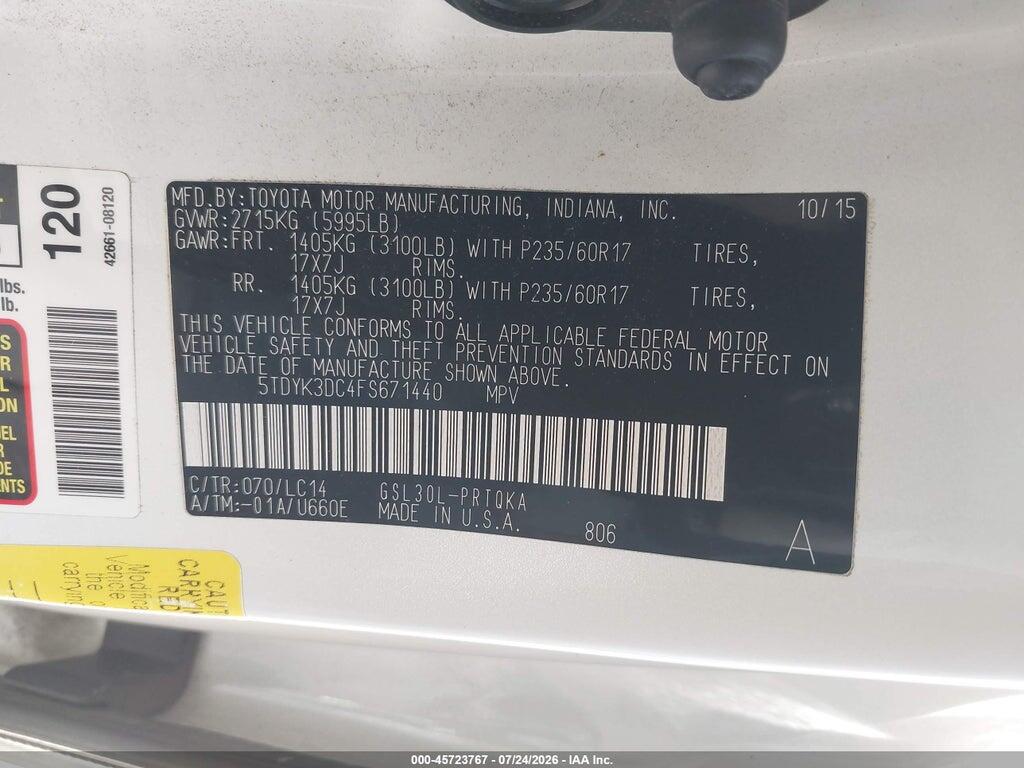 5TDYK3DC4FS671440 2015 TOYOTA SIENNA photo no. 9