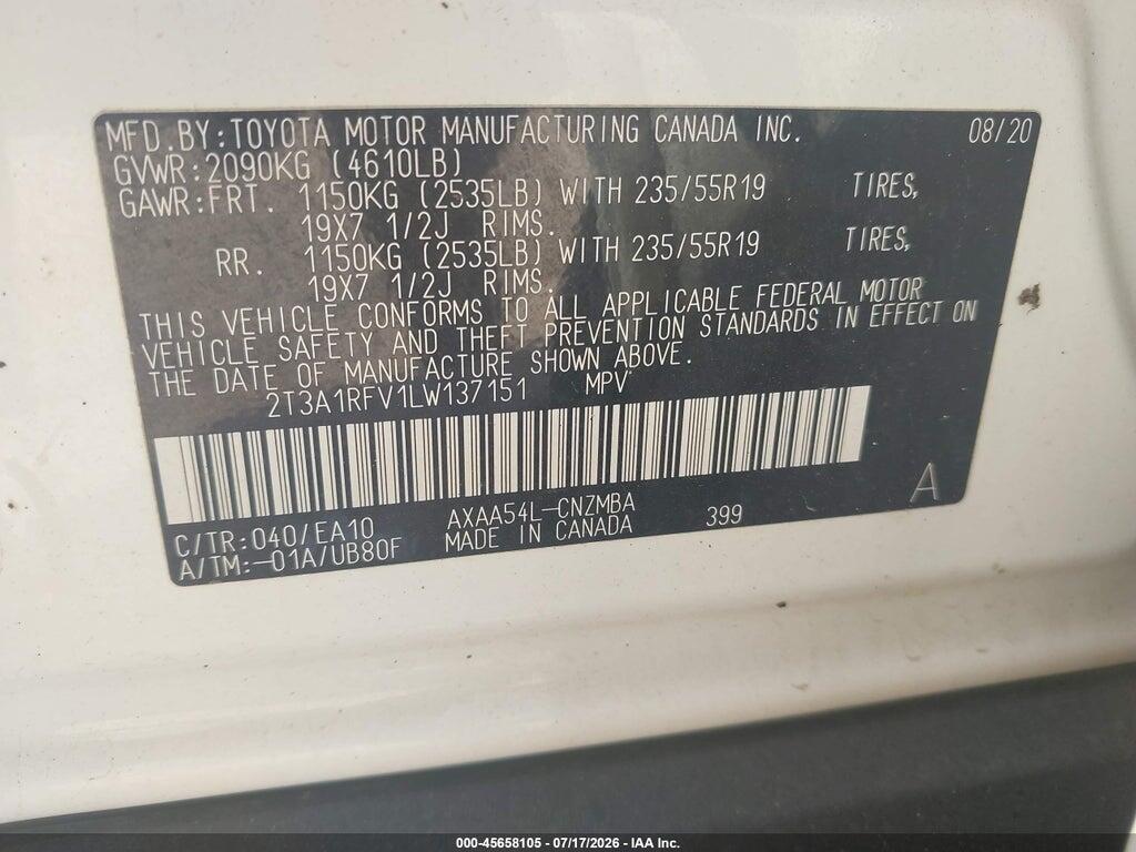 2T3A1RFV1LW137151 2020 TOYOTA RAV4 photo no. 9