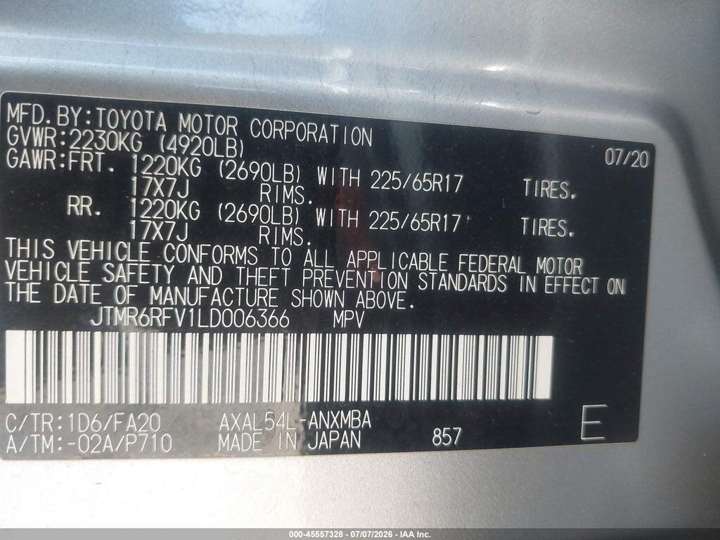 JTMR6RFV1LD006366 2020 TOYOTA RAV4 HYBRID photo no. 9