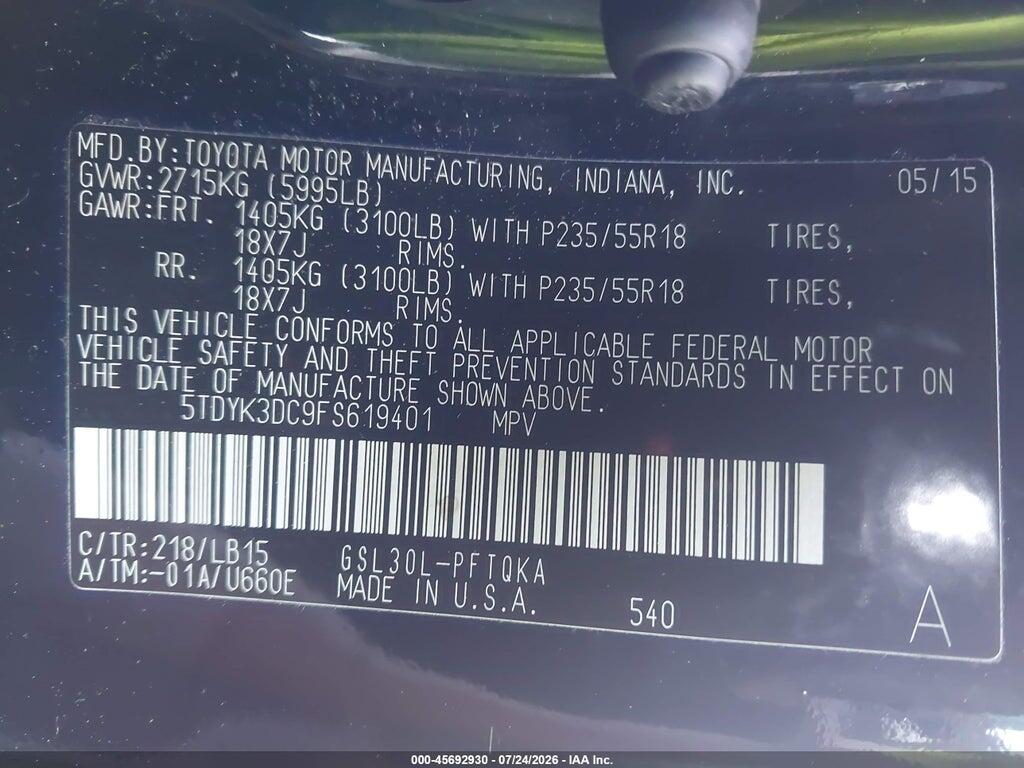 5TDYK3DC9FS619401 2015 TOYOTA SIENNA photo no. 9