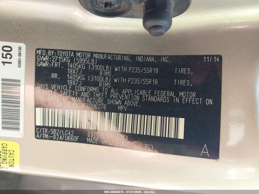 5TDDK3DC3FS096276 2015 TOYOTA SIENNA photo no. 9