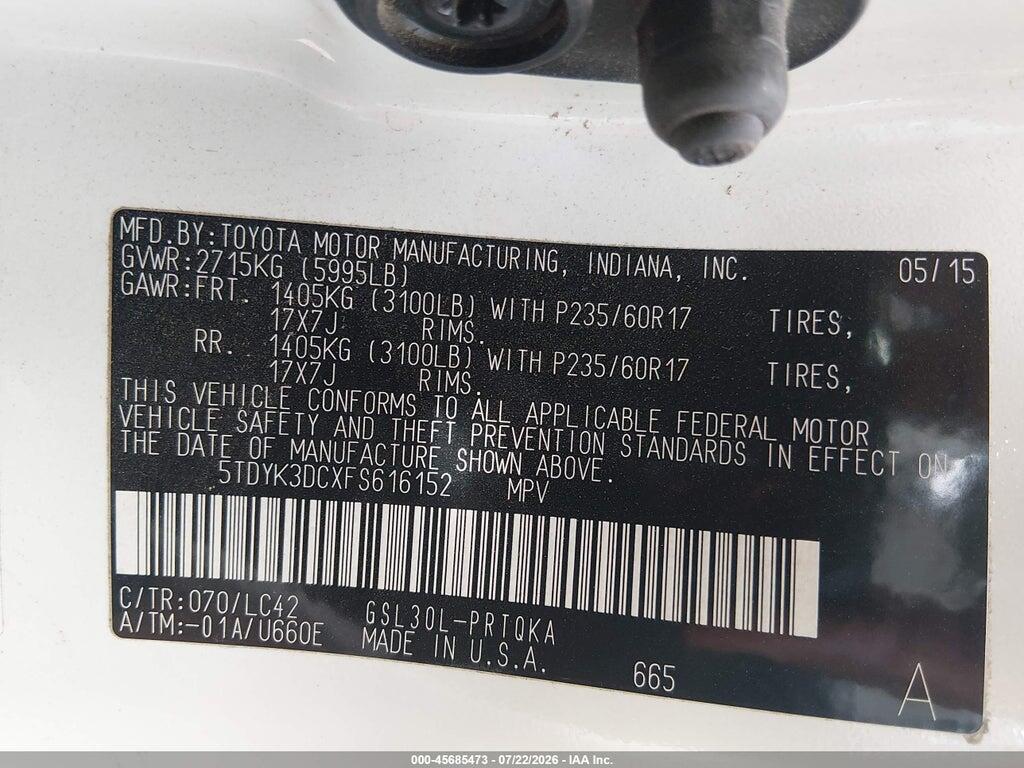 5TDYK3DCXFS616152 2015 TOYOTA SIENNA photo no. 9