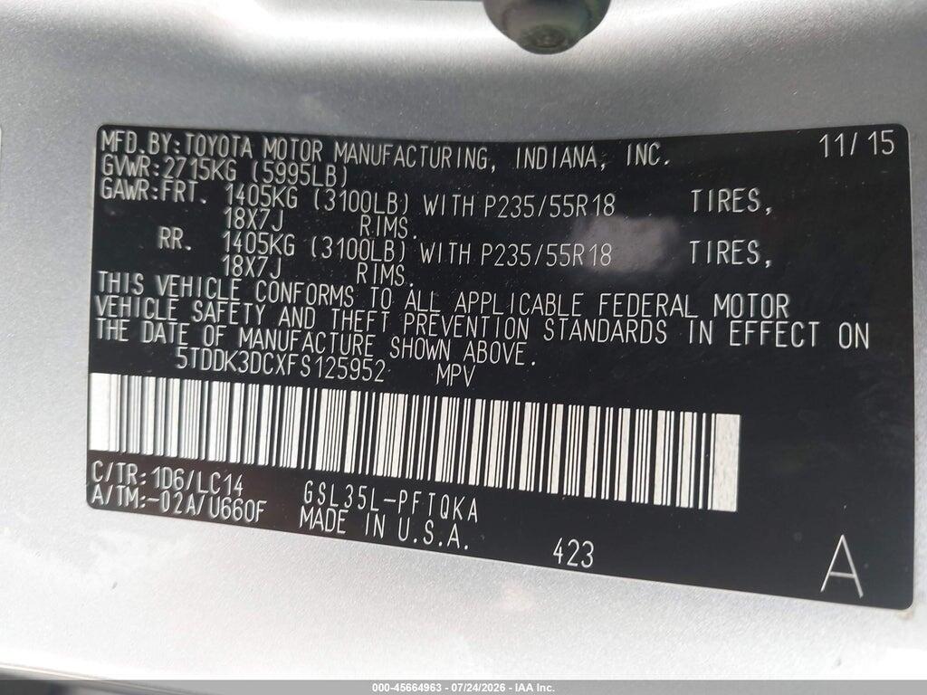 5TDDK3DCXFS125952 2015 TOYOTA SIENNA photo no. 9