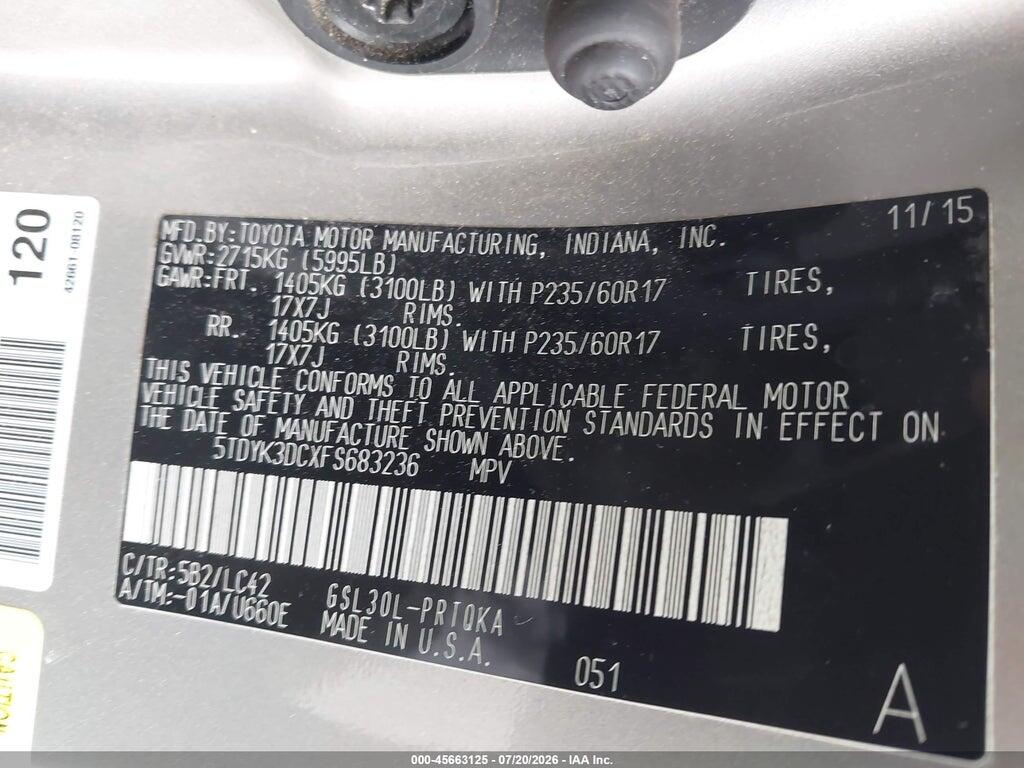 5TDYK3DCXFS683236 2015 TOYOTA SIENNA photo no. 9