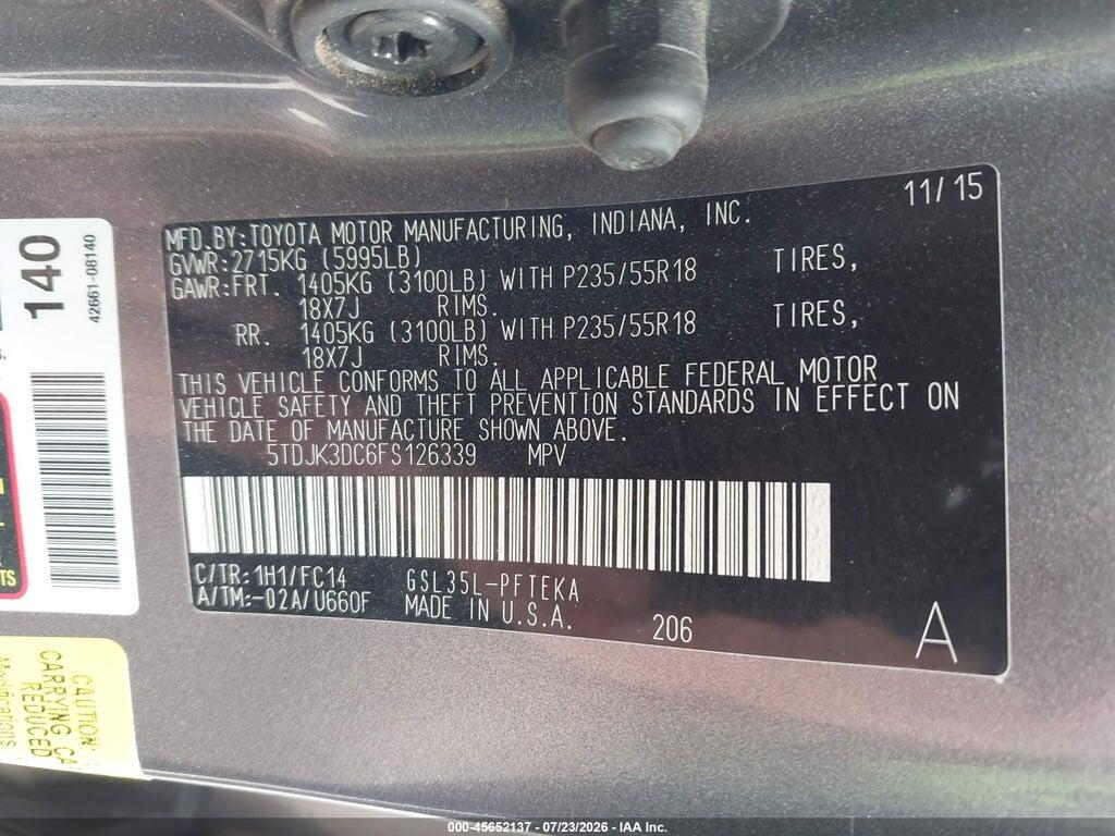 5TDJK3DC6FS126339 2015 TOYOTA SIENNA photo no. 9