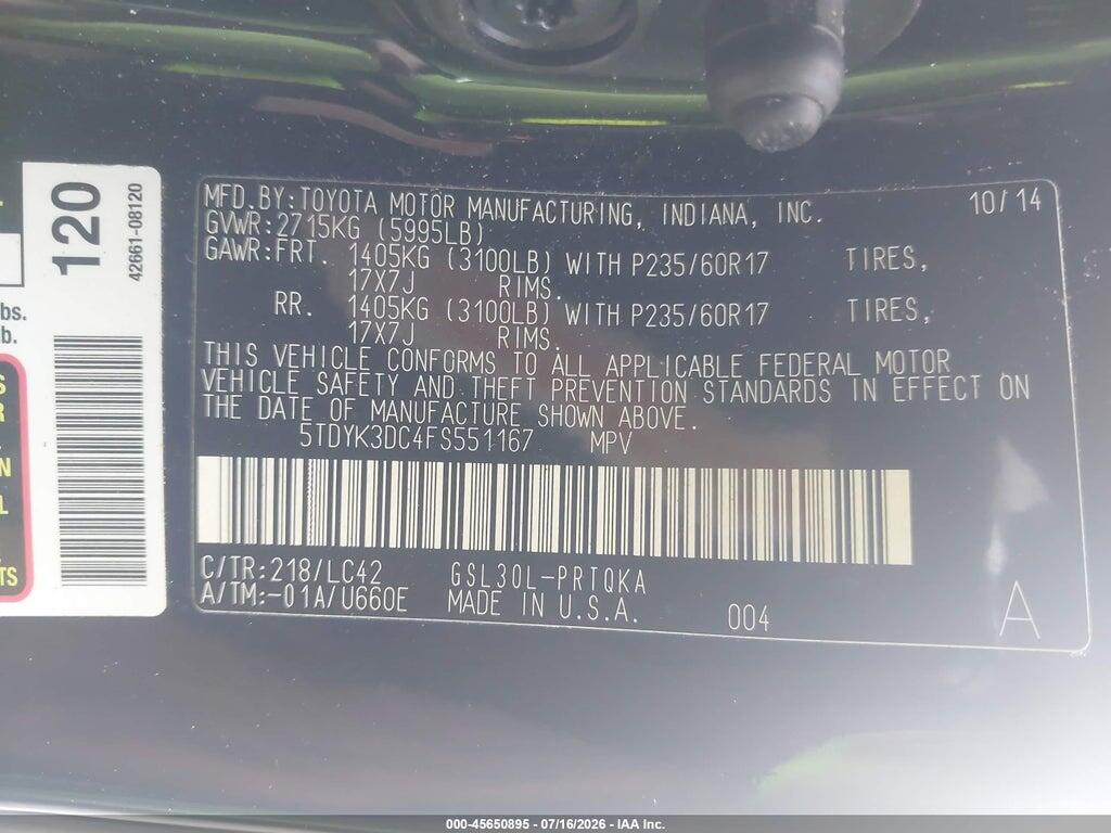 5TDYK3DC4FS551167 2015 TOYOTA SIENNA photo no. 9