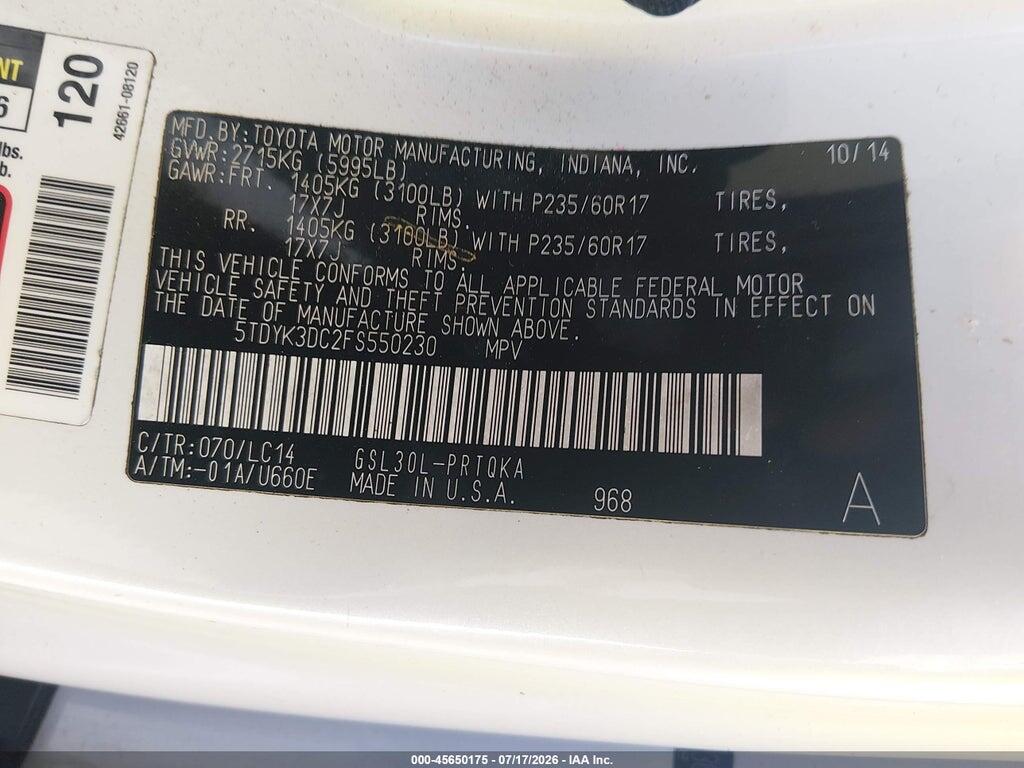 5TDYK3DC2FS550230 2015 TOYOTA SIENNA photo no. 9