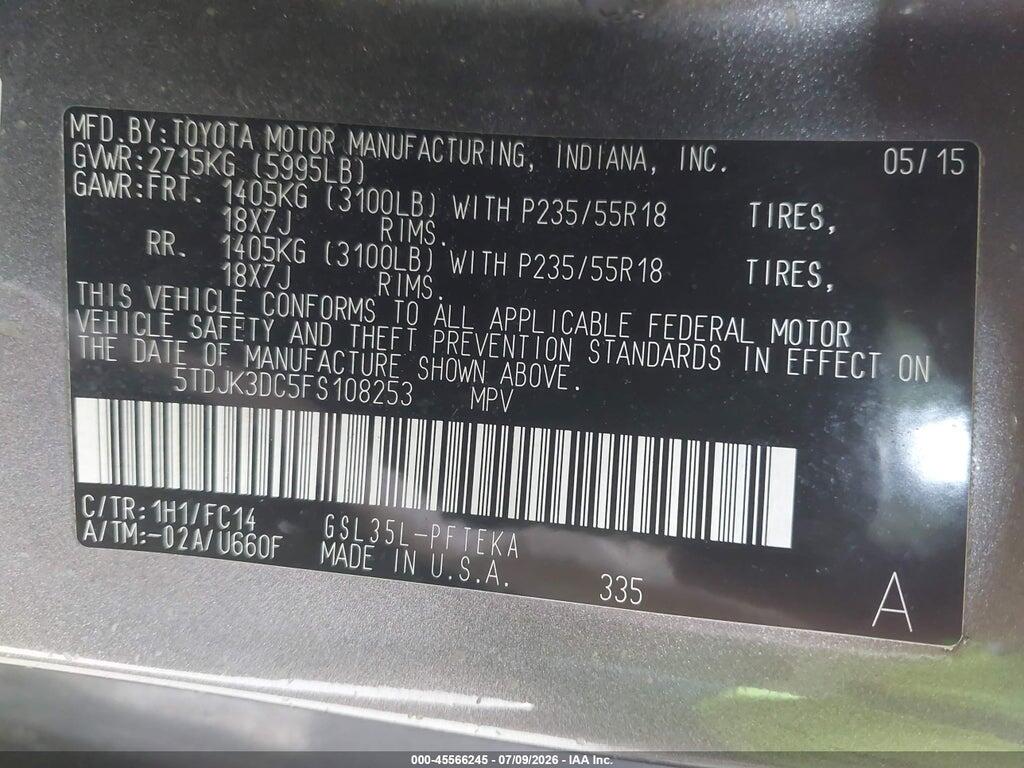 5TDJK3DC5FS108253 2015 TOYOTA SIENNA photo no. 9