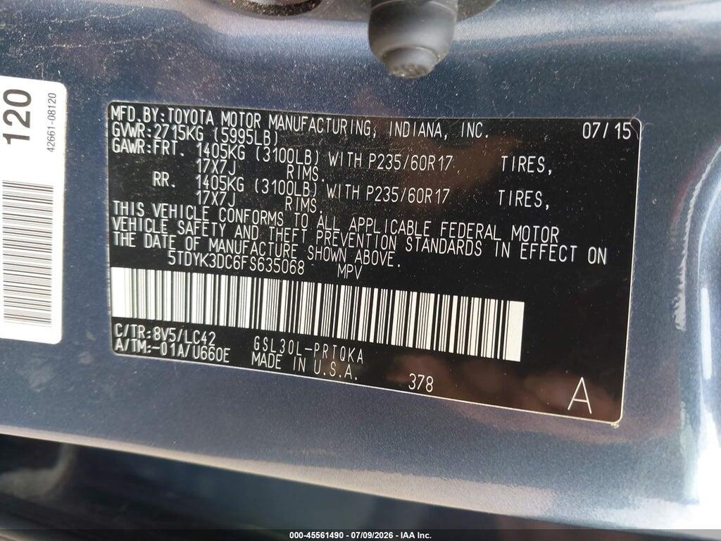 5TDYK3DC6FS635068 2015 TOYOTA SIENNA photo no. 9