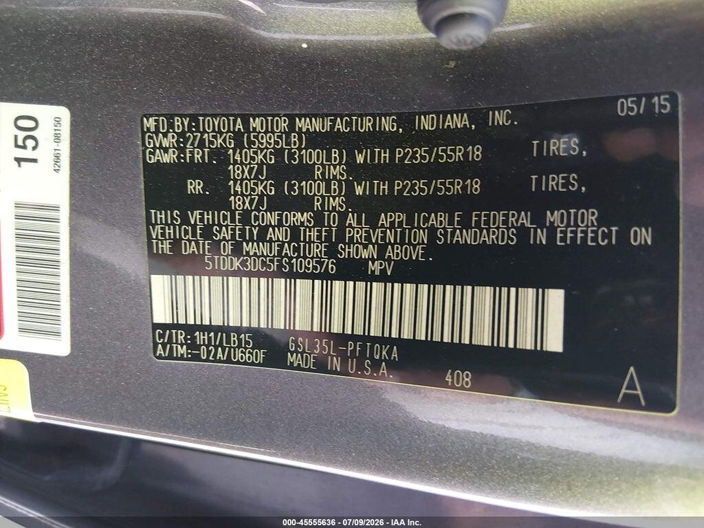 5TDDK3DC5FS109576 2015 TOYOTA SIENNA photo no. 9