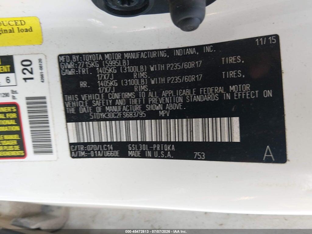 5TDYK3DC2FS683795 2015 TOYOTA SIENNA photo no. 9
