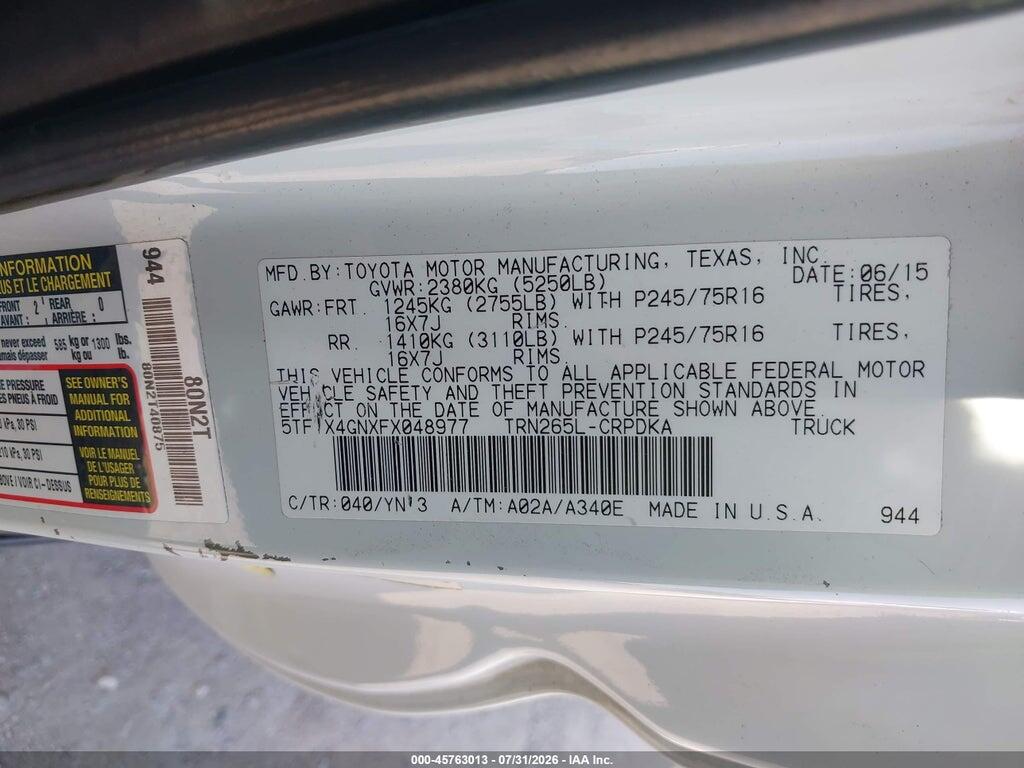 5TFTX4GNXFX048977 2015 TOYOTA TACOMA photo no. 9
