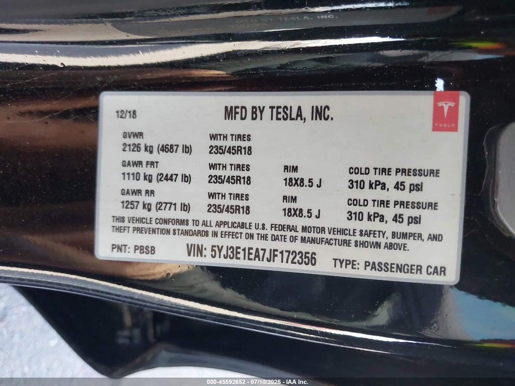 5YJ3E1EA7JF172356 2018 TESLA MODEL 3 photo no. 9