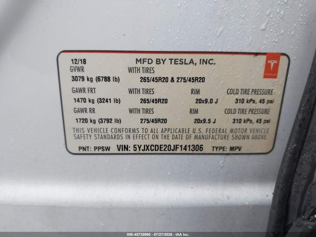 5YJXCDE20JF141306 2018 TESLA MODEL X photo no. 9