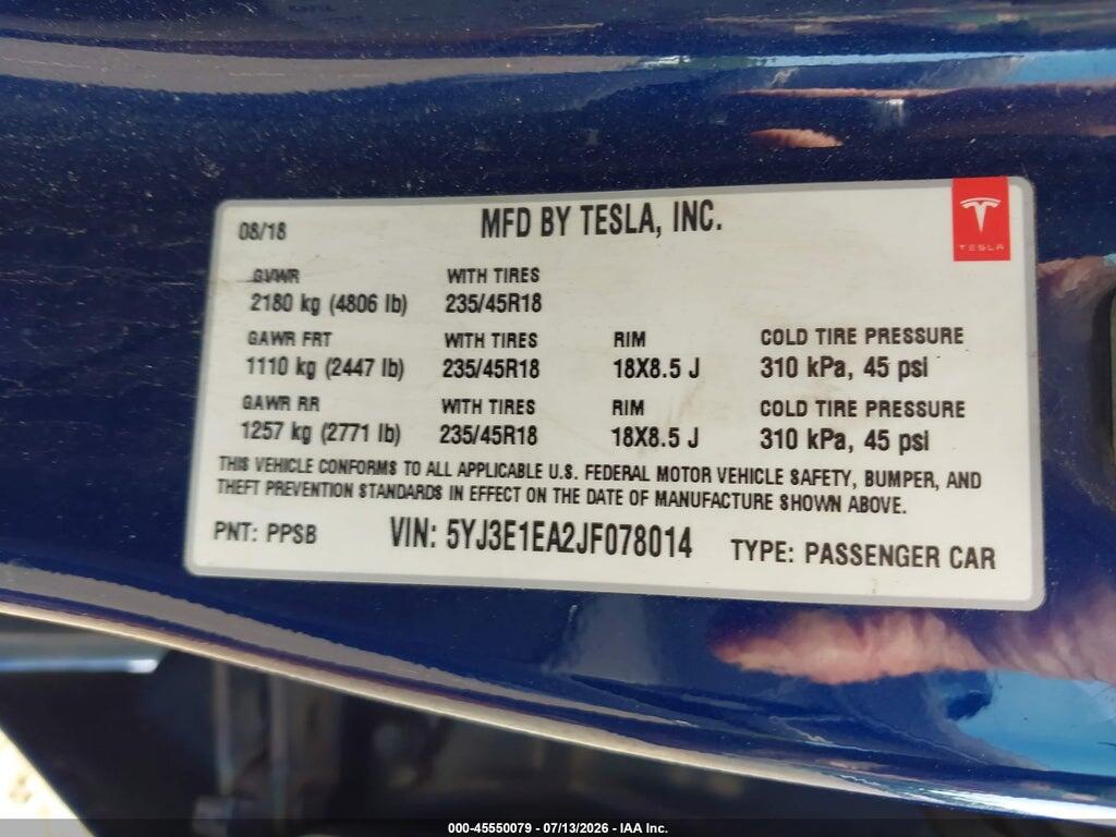 5YJ3E1EA2JF078014 2018 TESLA MODEL 3 photo no. 9